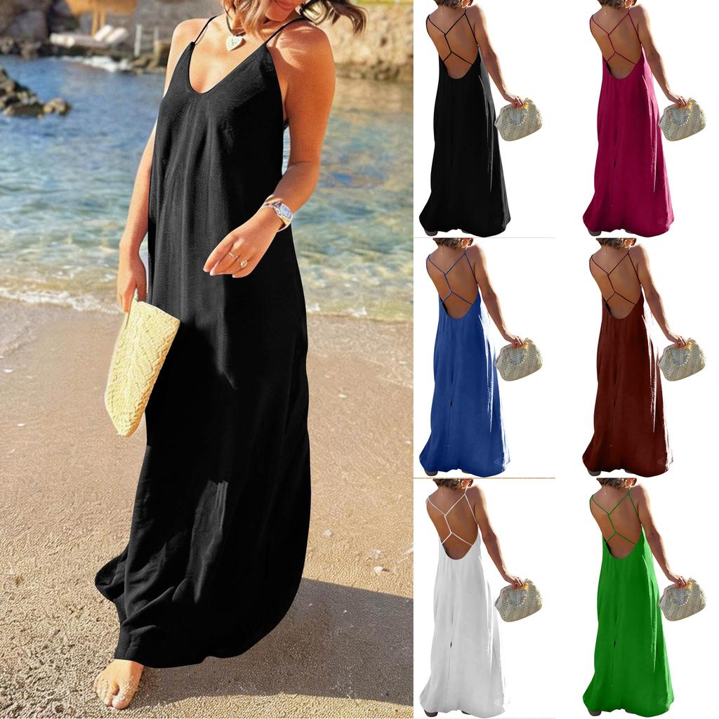 Women's Backless Strapless Dresses, Backless Loungewear Dress, Sleeveless, House Dress, Long Dress With Back Bow
