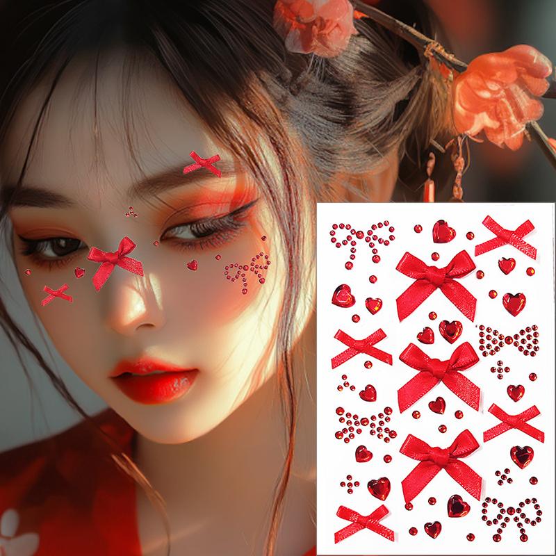 Bow  Tattoo Sticker Face Diy Makeup Red Diamond Pearl Bows Temporary Tattoo Sticker Self Adhesive Party Festival