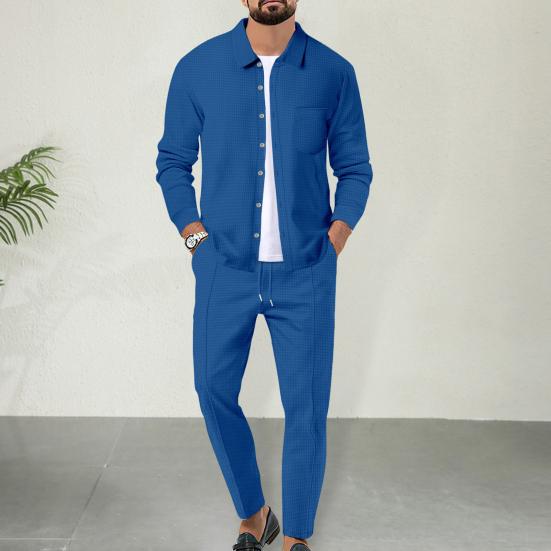 Men Two-Piece Suit Casual Waffle Pattern Long Sleeve Shirt Drawstring Trousers Spring Autumn Outfit for Office Streetwear Daily Wear
