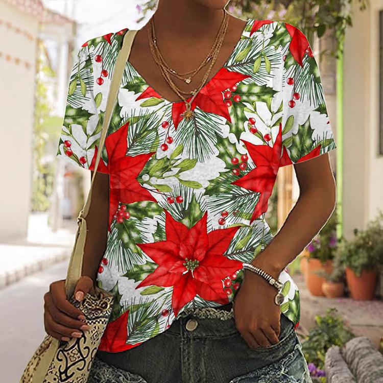 Bohemian Style Floral Pattern Printed T-shirts Summer V-neck 3D Printed Fashionable Casual Short Sleeved Women's T-shirts