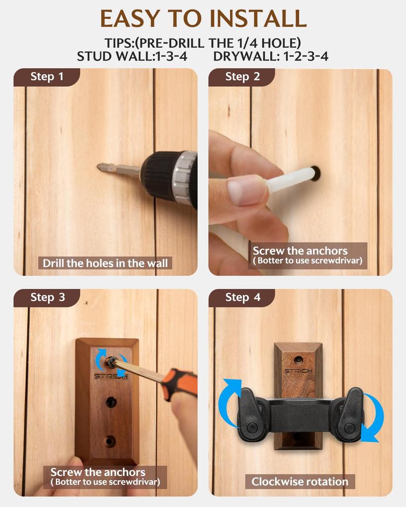 STRICH Guitar Hanger Wall with Suitable for and More of Hooks, Mount, Auto-Locking, Screws, Guitars, Basses, Ukuleles, (Set 2)
