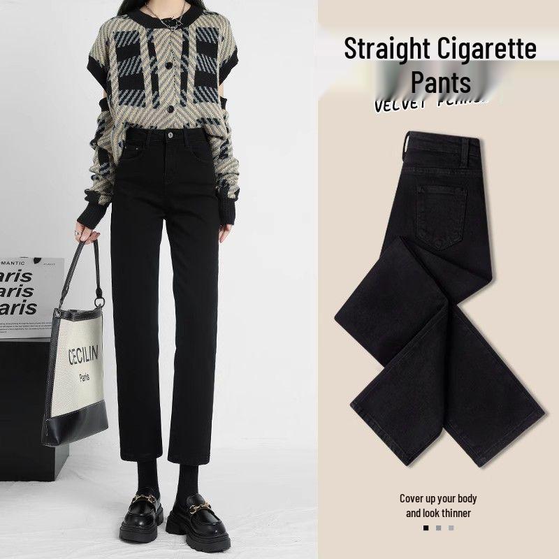 Women s High Waist Velvet Slimming Black Jeans - Winter 2025 Edition 30