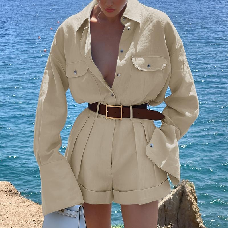 

VONDA Женские винтажные комплекты с рубашкой с лацканами и длинными рукавами и шортами однотонной расцветки 4XL хаки