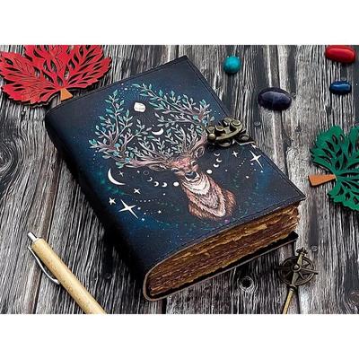 Diário de couro vintage Deer Moon para homens e mulheres com cadeado antigo feito à mão