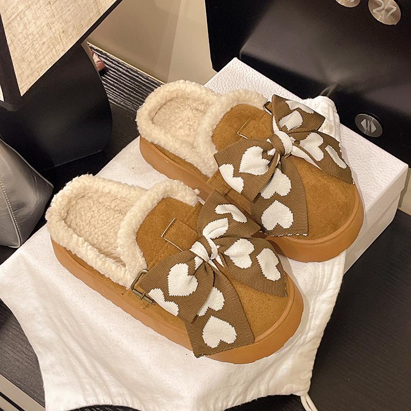 Fleece warm bow cotton slippers women's winter ins tide Korean version soft thick bottom cotton mop fashionable outer wear casual cotton mop