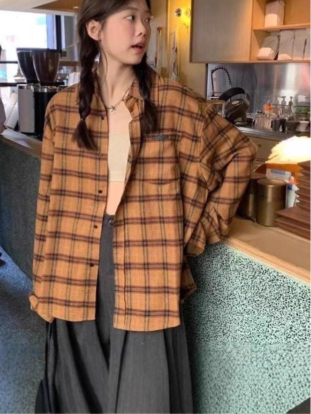 Women's Retro Plaid Shirt - French Chic, Loose Fit, Perfect for Spring & Autumn