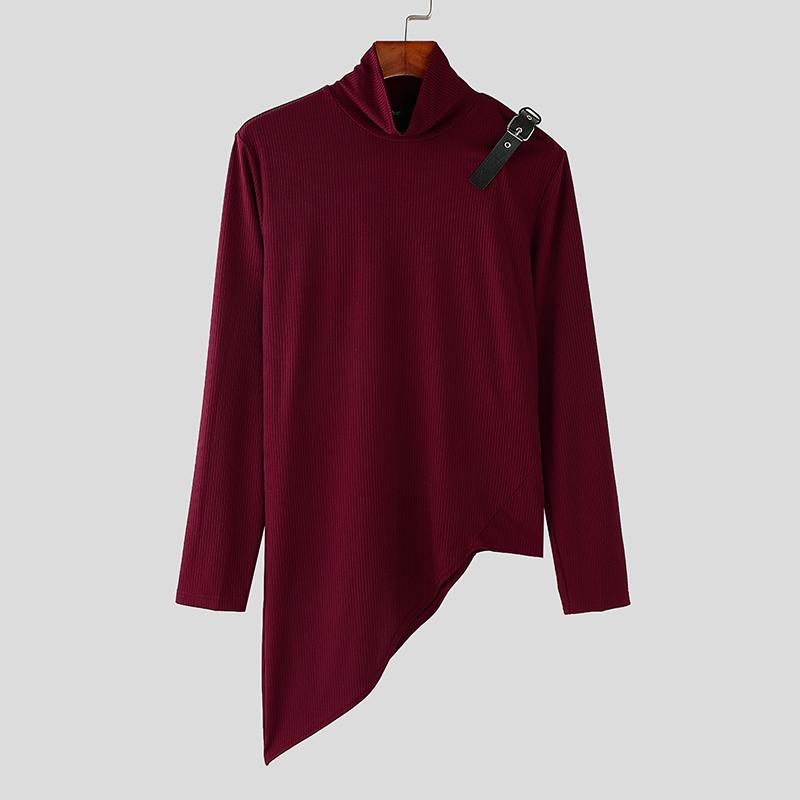 

INCERUN Men Turtleneck Long Sleeve Patchwork Irregular Thin Rib Tops Undershirts M вино красного