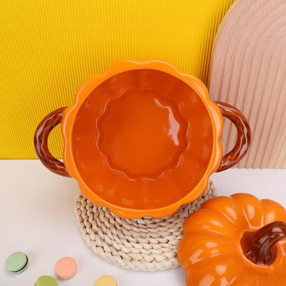 with Lid Halloween Pumpkin Bowl Double Ear Handle Pumpkin Casserole Instant Noodle Bowl Kitchen