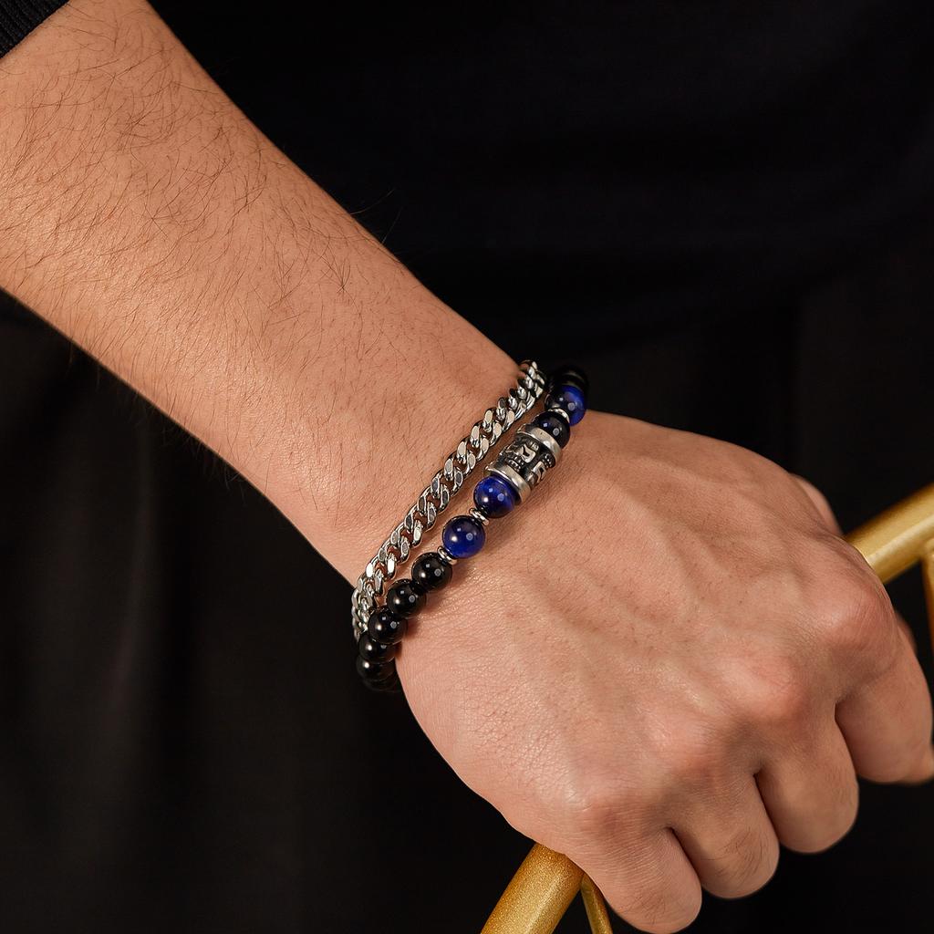 Double Layer Punk Black Agate Bracelets Stainless Delicate Blue tiger Eye Bracelet Unisex Jewelry Accessories Bead ALN2601001498