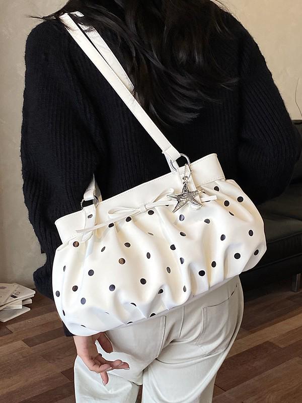 Women's Autumn 2026 Polka Dot Bow Large Pleated Cloud Bag - Simple, High-Capacity Underarm Design