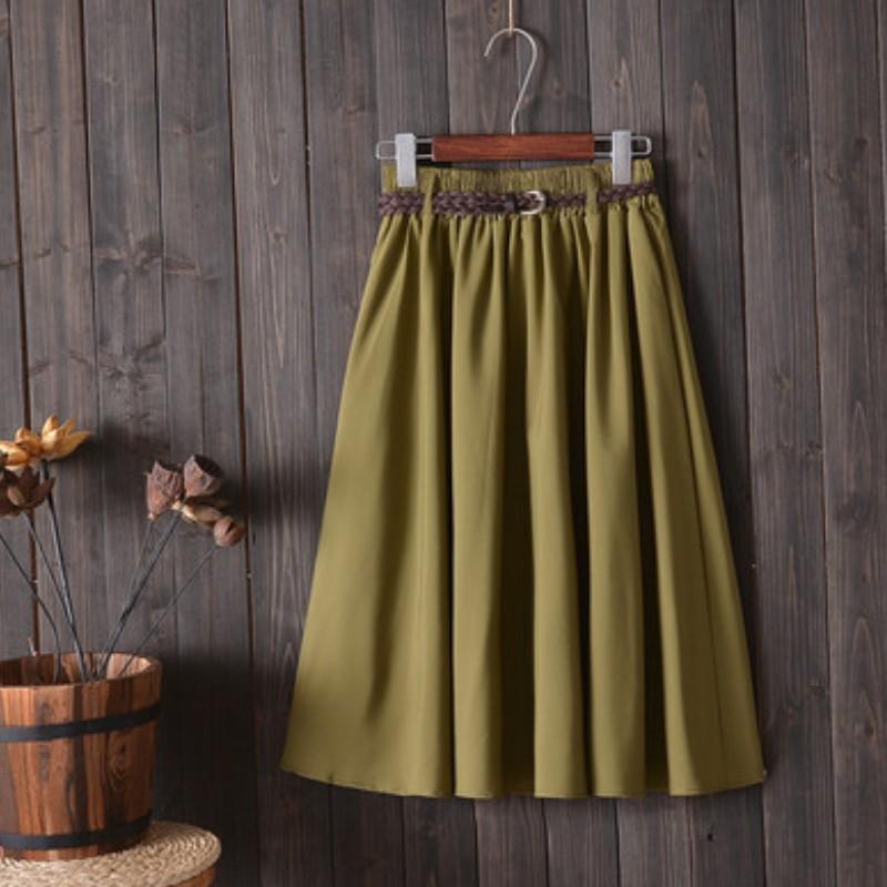 Women Summer Midi Knee Length Skirt Korean Ladies High Waist Pleated A-line School Skirt Female