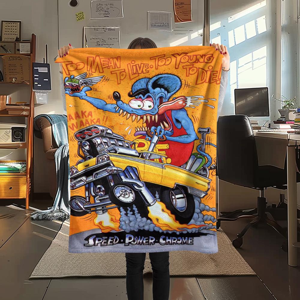 1Pc Rat Fink Print Flannel Blanket, High Quality Comfortable for All Seasons, Home Decor, Warmth and Comfort, Perfect for Christmas Gifts