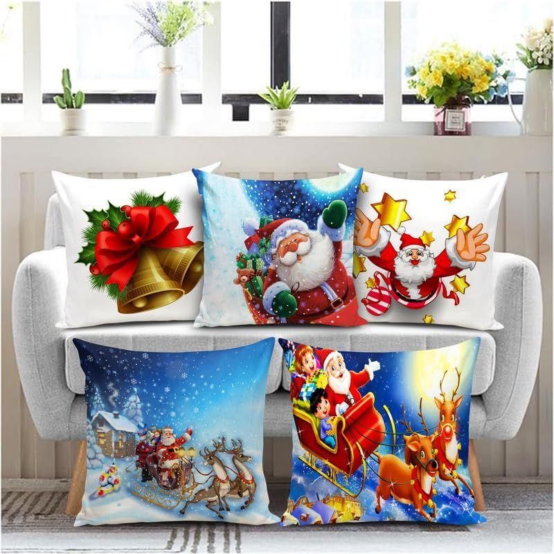 Soft Fabric Designer Decorative Printed Merry Christmas Theme Cushion Cover Xmas Decorations for Sofa Living Room Set of 5 16 X 16 Inch Multi