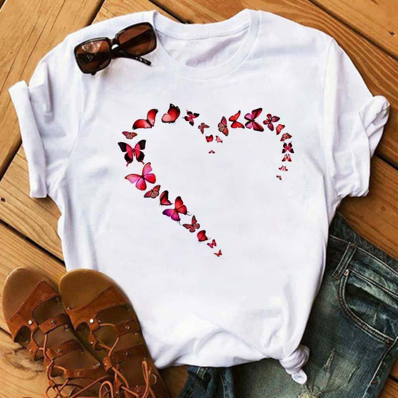 Women T Shirt Aesthetic Butterfly Love Heart Graphic Print Female Tshirt Clothing Summer Fashion Short Sleeve Kawaii T-Shirt