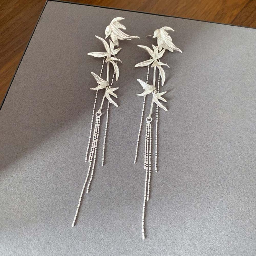 Chinese Ancient Style Bamboo Leaf Earrings Gold Silver Ear Jewelry Female серебряный