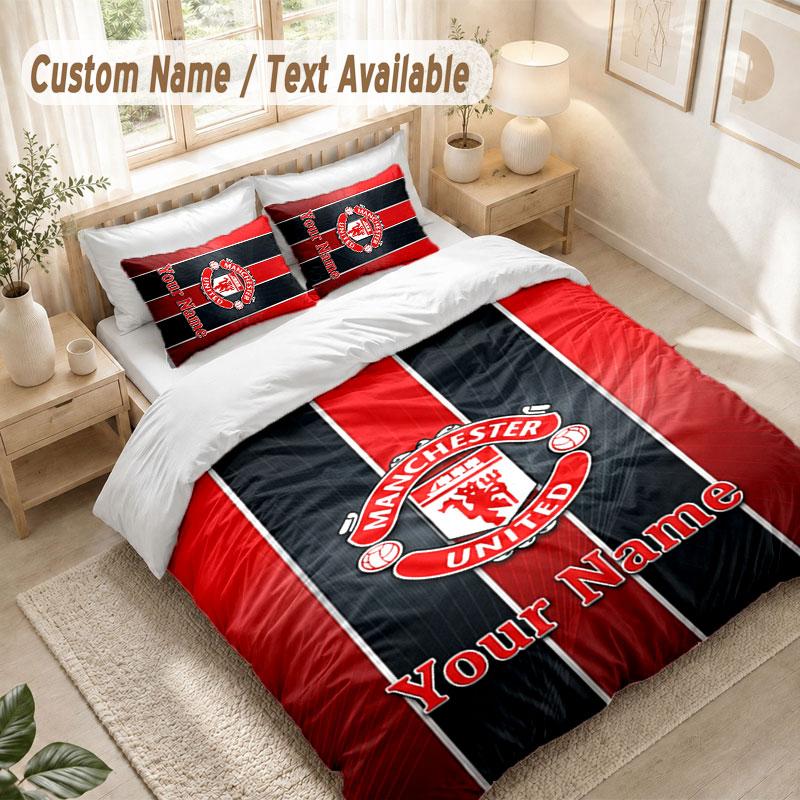Custom Name Bedding Set 3 PiecesManchester United Print Duvet Cover + 2 Pillowcases Soft Bed Decor