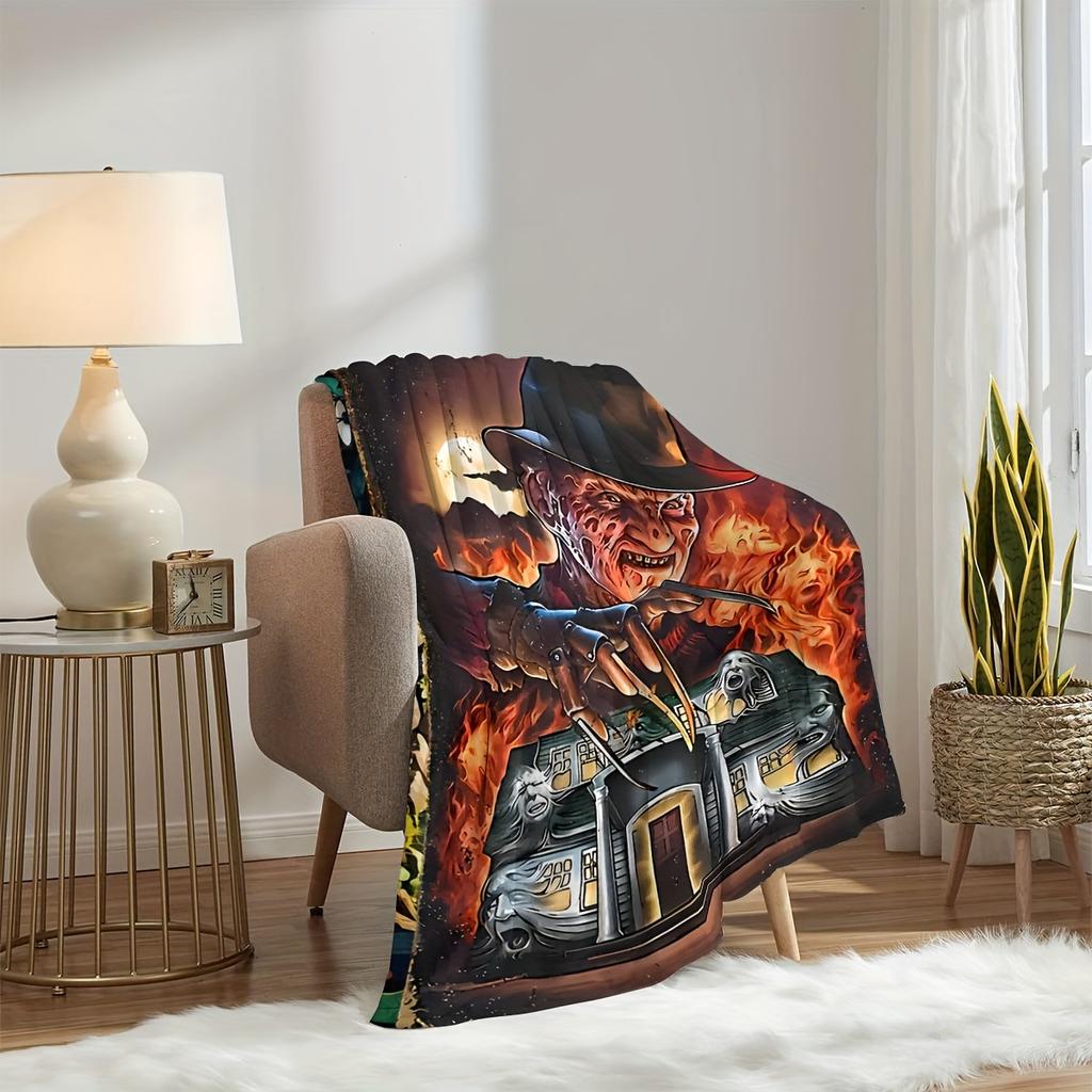 VIKAMA Slasher Street Freddy Cover Blanket Metal Claws & Burning Haunted House Horror Scene Halloween Gift Theme Blanket
