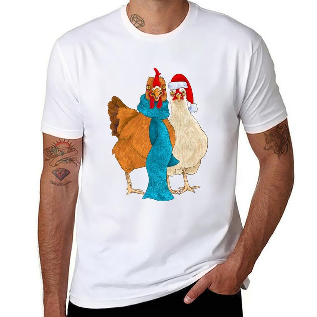 Silly Chickens In Scarves And Santa Hats Tshirt Holiday Casual Short Sleeve Top