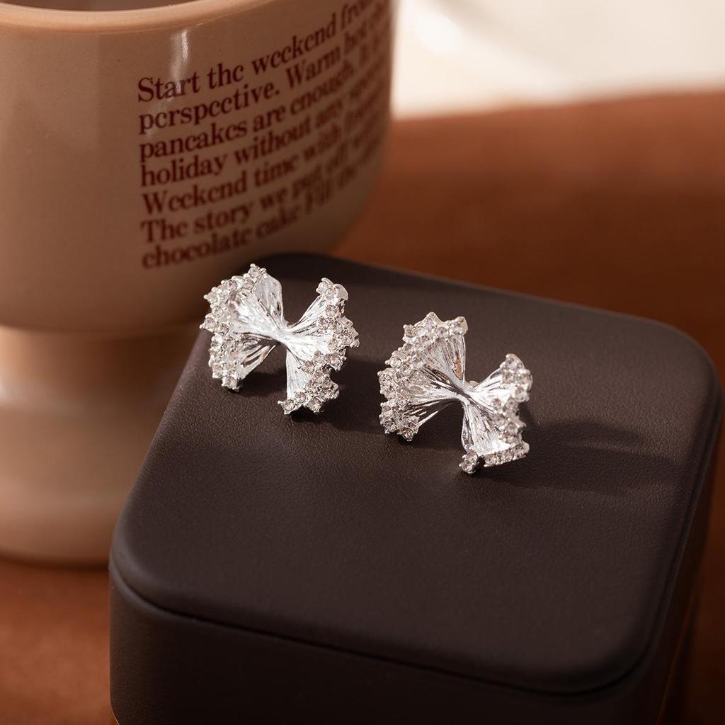Silver Needle Elegant Bow Earrings - Pleated Irregular Design for Sophisticated Women