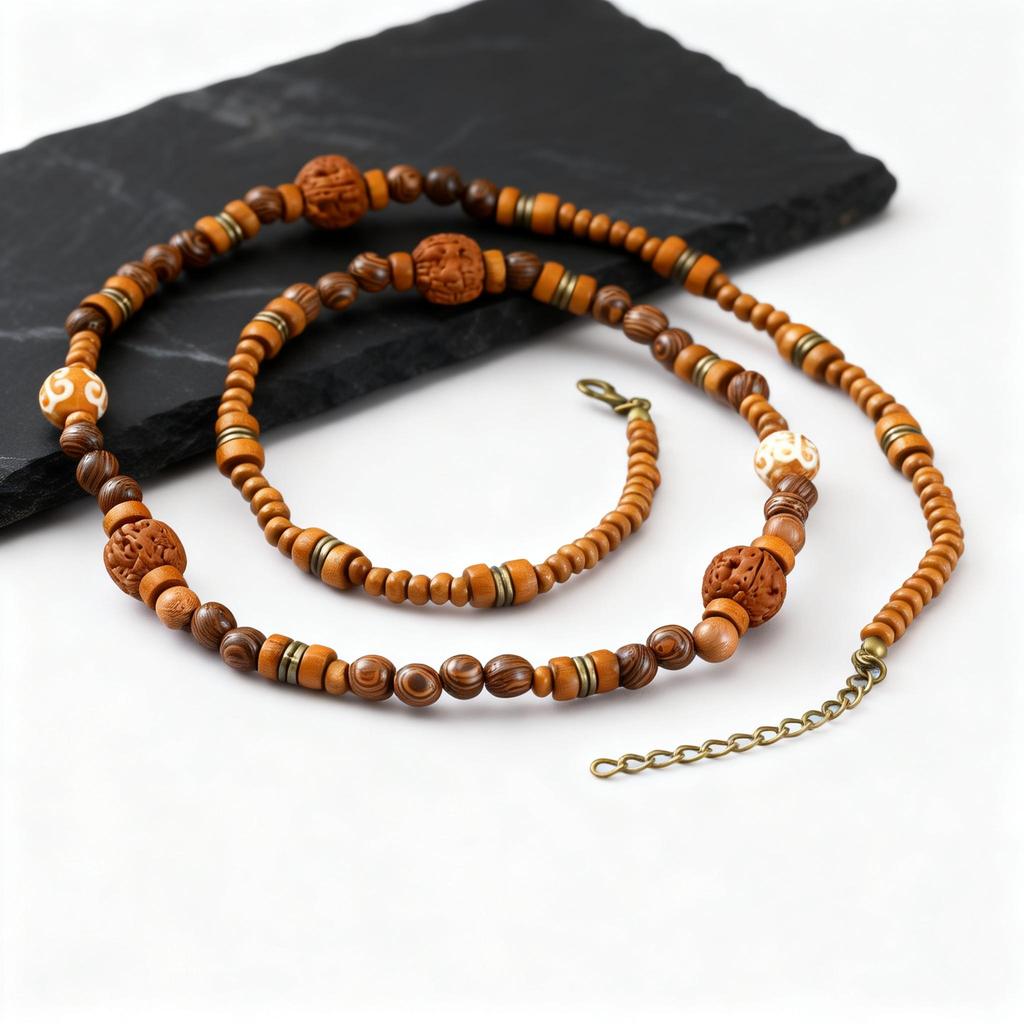 Men's Wood Beaded Long Necklace,Vintage Ethnic Layered Long Chain Collars,Summer Bohemian Jewelry Gift