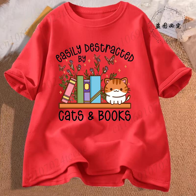 Easily Distracted By Cats & Books Tees Tops Floral Cat Shirt Women Fashion Tshirt Oversize Summer Tshirt Short Sleeves Clothing
