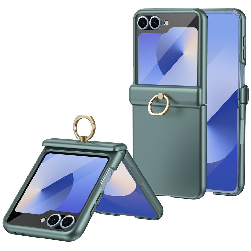 For Samsung Galaxy Z Flip5 5G Case with Tempered Glass Film Ring Holder Kickstand PC Phone Cover