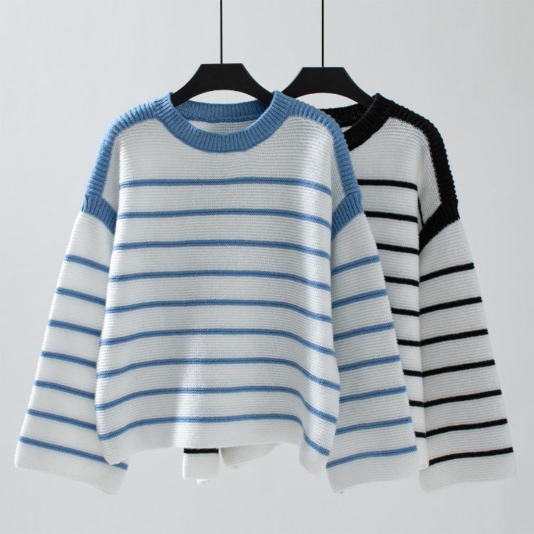 Vintage Stripe Cardigan Loose Knitwear Sweater Long Sleeve O Neck Top Autumn Winter