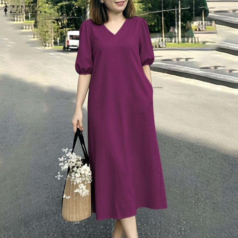 ZANZEA Women Casual V-Neck Solid Color Loose Half Sleeve Dress