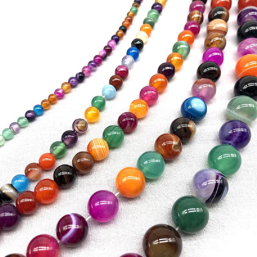Multicolor Stripe Agates Stone Round Beads 15"Strand Smooth Loose Spacer Beads 4/6/8/10/12mm for Jewelry Making DIY Bracelets Accessories