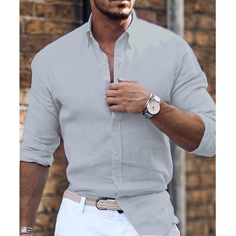 

Новая хлопково-льняная новая мужская рубашка с длинным рукавом однотонная с лацканами в повседневном стиле XXXL светло-серый