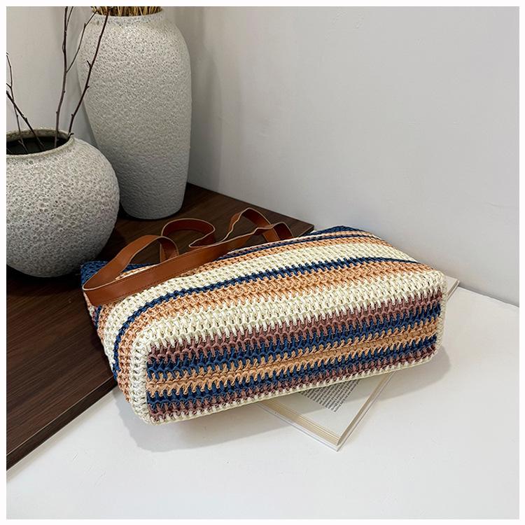 Striped Straw Woven Tote Bag - Large Capacity Beach Vacation Shoulder Bag