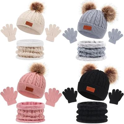 For 1-5 Years Old  3Pcs Winter Baby Beanie Cap Scarf Gloves Set Solid Color Thicken Knitted Hat for Infant Neckerchief Cute Pompom Kids Wool Hats