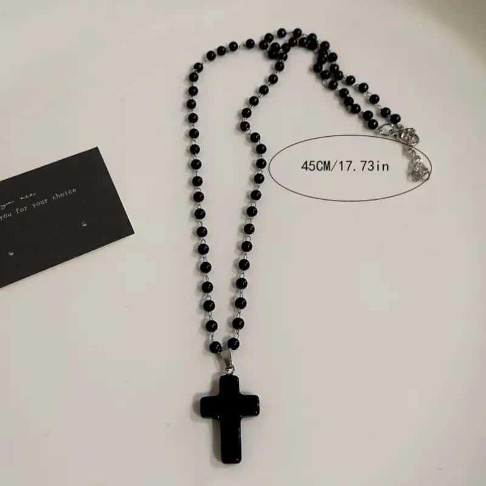 Neo-Gothic Red Heart Thorny Cross Pendant Black Rope Chain Bead Chain Necklaces for Woman Men Collarbone Chain Jewelry Accessory