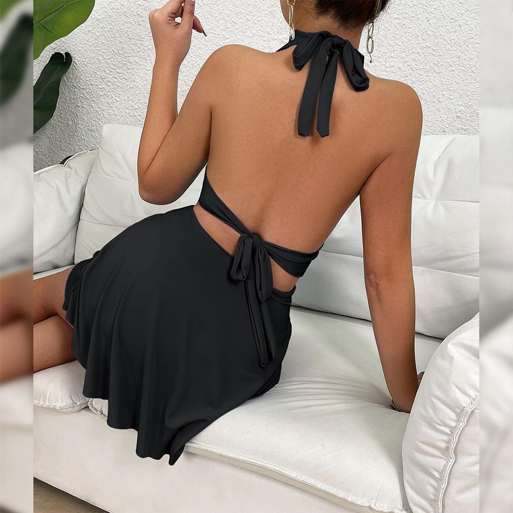 Damen Modisches Und Sexy Einfarbiges V-Ausschnitt Träger Rückenfreies Kurzes Kleid