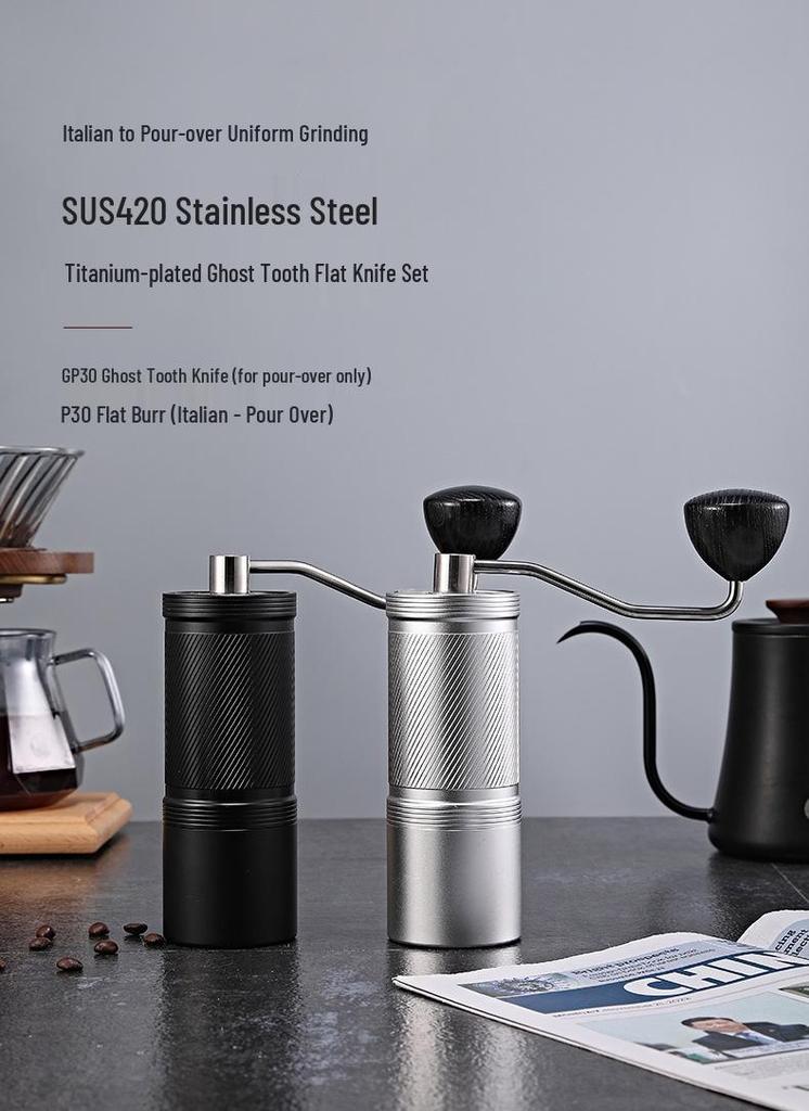 Stainless Steel Manual Coffee Grinder with External Adjustment and Seven-Star Ghost Teeth for Pour-Over Brewing
