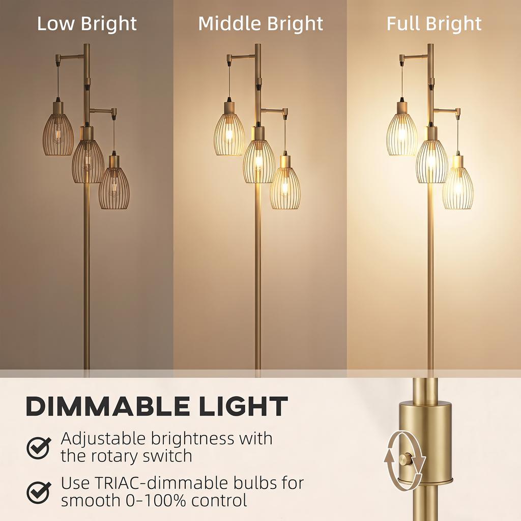 170.5cm Industrial Dimmable Standing Lamp, 3-Light Floor Lamp with Steel Wire Cage Lampshades, Gold Tone