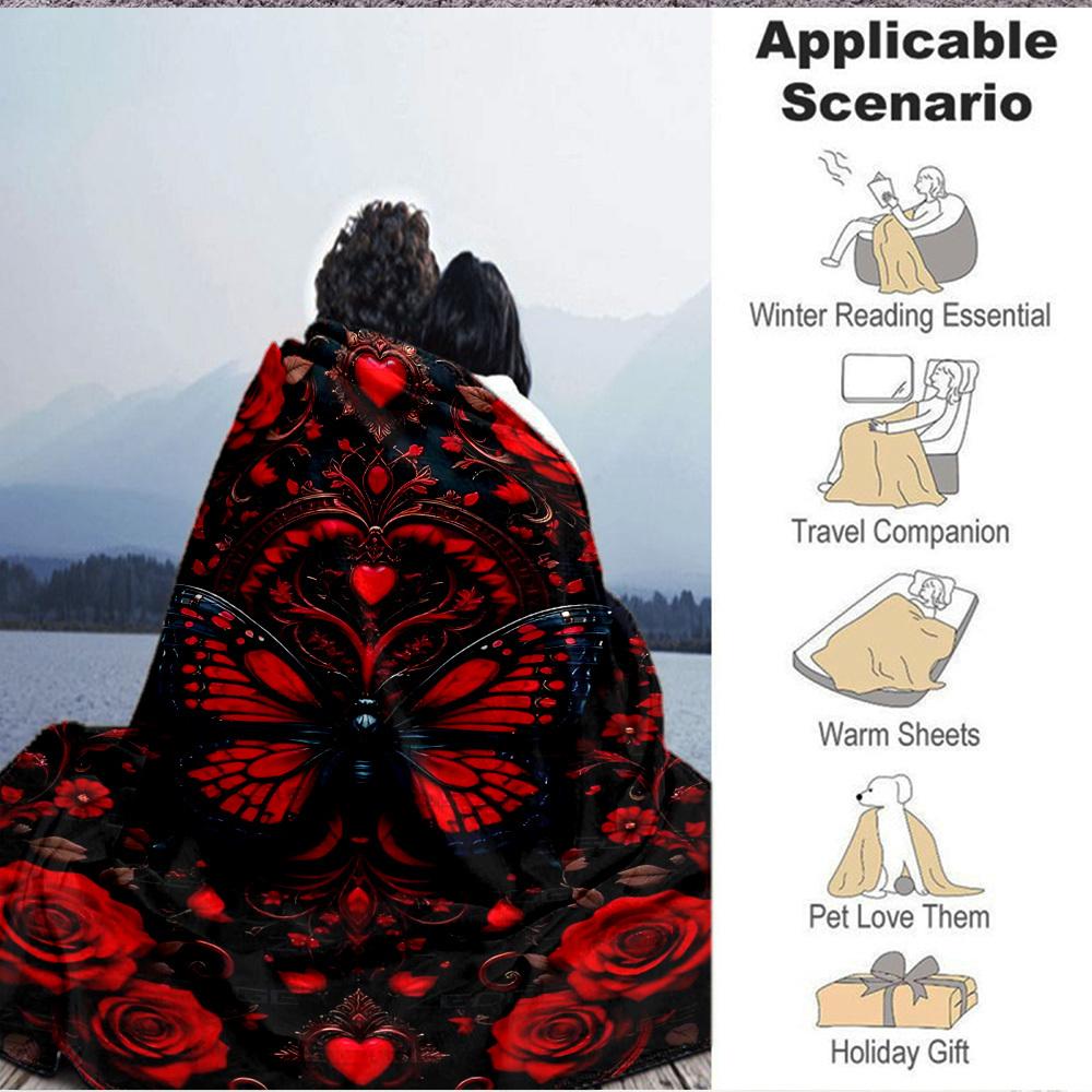 1pc Red Butterfly Roses Blanket Lightweight Flannel Blanket Throw Blanket For Sofa, Bed, Travel, Camping, Livingroom, Office, Couch, Chair, And Bed Yy