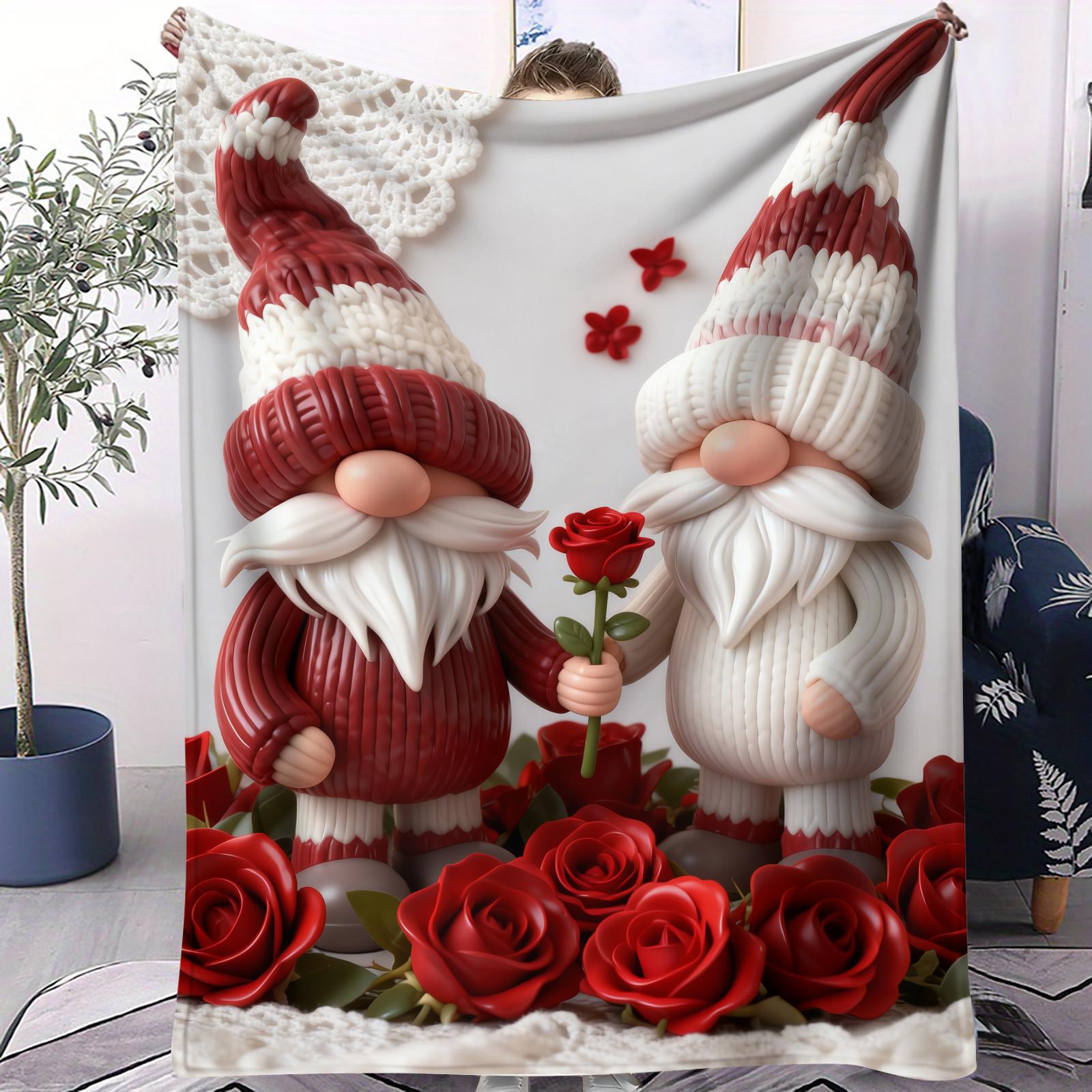 

Cute Gnome Couple Printed Flannel Blanket Heart Pattern Soft Warm Cozy Multifunctional Decorative Blanket Valentines Day Gift 75x100cm (30x40inch)