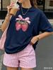 Women's Graphic T‑Shirt Strawberry & Bow Design Print Crew Neck Short Sleeve Bow Detail Casual Everyday Outfit Tee