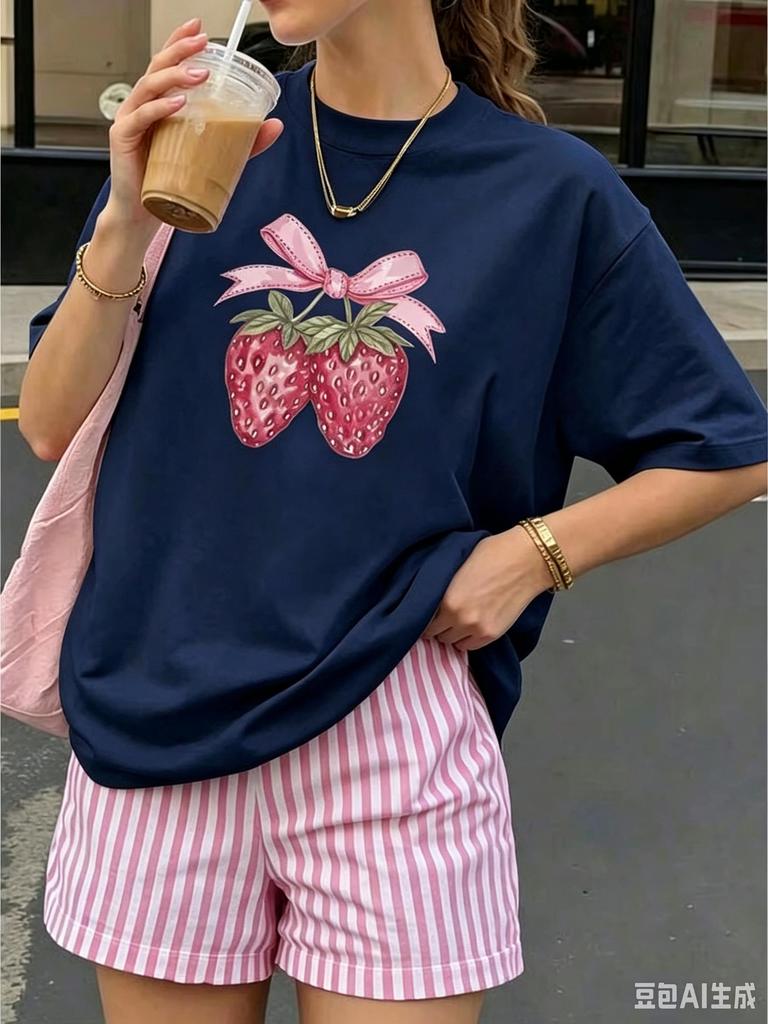Women's Graphic T‑Shirt Strawberry & Bow Design Print Crew Neck Short Sleeve Bow Detail Casual Everyday Outfit Tee
