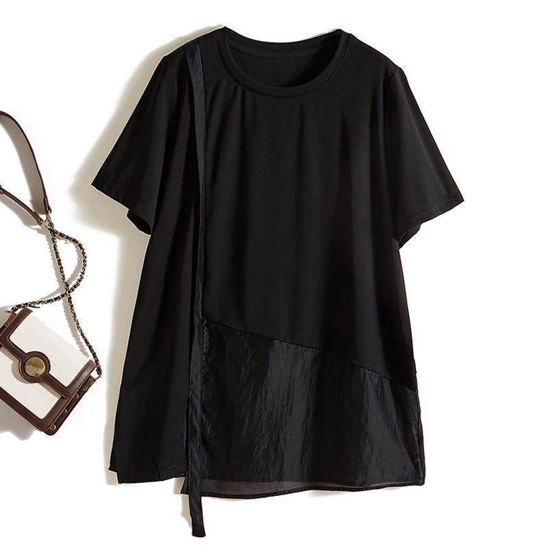 

Style Export Orders! Women s Summer round Neck Short Sleeves Air Flow Rate Asymmetrical Patchwork Breathable Sweat Absorbing T-shirt Slim Looking Black L