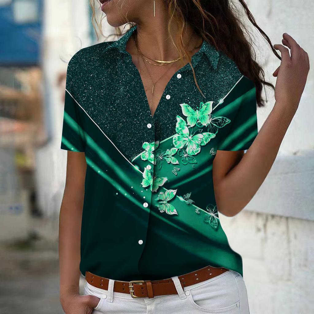 2025 Sommer Neue Mode Damen Schmetterling Bedruckt Kurzarm V-Ausschnitt Lässig Knopfleiste Hemd Top