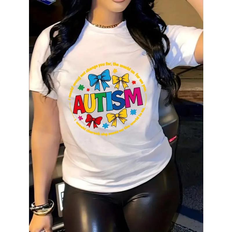 

Women s Autism Awareness Graphic T-Shirt - Colorful Puzzle Piece & Bow Design with Inspirational Quote, Soft Stretch Round Neck Short Sleeve Tee S белый