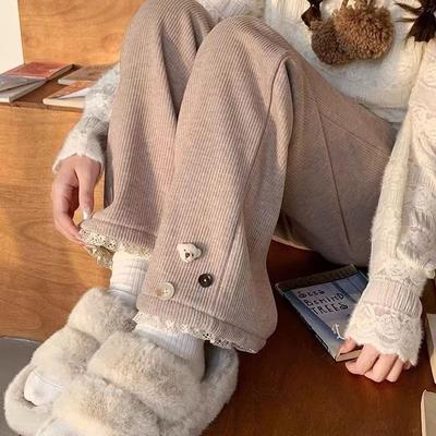 Women's Cotton Cute Straight Pants Fall and Winter High Waist Casual Trousers Street Drawstring Straight Pants