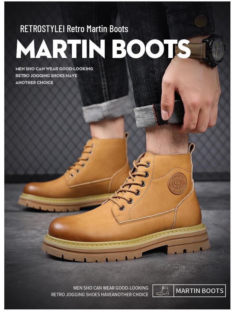 Men's British-Style Yellow Winter Boots - Thickened Velvet Lining, Martin Design, Trendy Desert Workwear, Cotton Shoes.