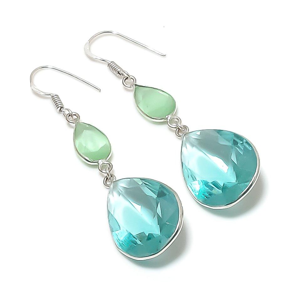 Natural Swiss Blue Topaz, Chalcedony 925 Sterling Silver Earring 2.56" p7U88