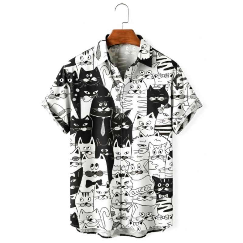 Summer Fashion Anime Cartoon Animal Cat Printing Shirt Hawaiian Beach Vacation Clothing Men's Street Style Shirt Daily Men's and Women's Shirt