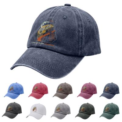 Washed Cotton Baseball Cap with Printed Distressed Soft Top Denim Hat, Vintage Hat