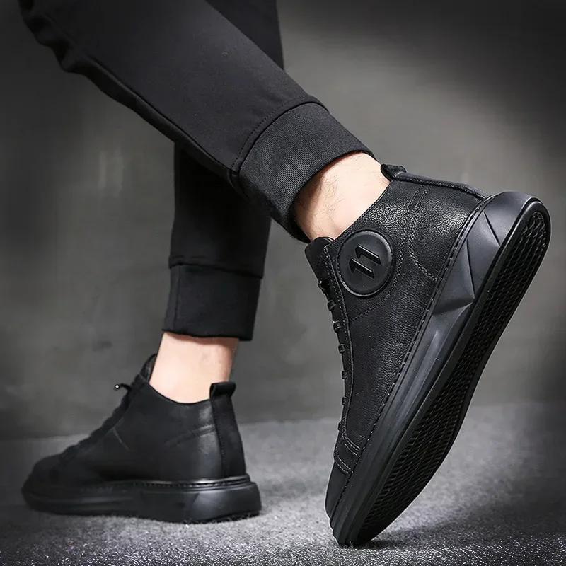 

2025 New Autumn Men s European Style Board Shoes Genuine Leather Korean Edition Casual Shoes Trend Versatile Ankle boots 38 чёрный