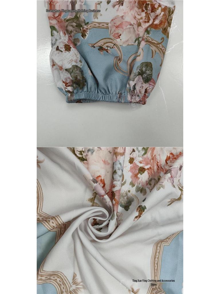 Retro European & American Women's Long Sleeve Spring Dress with Waist-Cinching, Big Hem, and Printed Design.